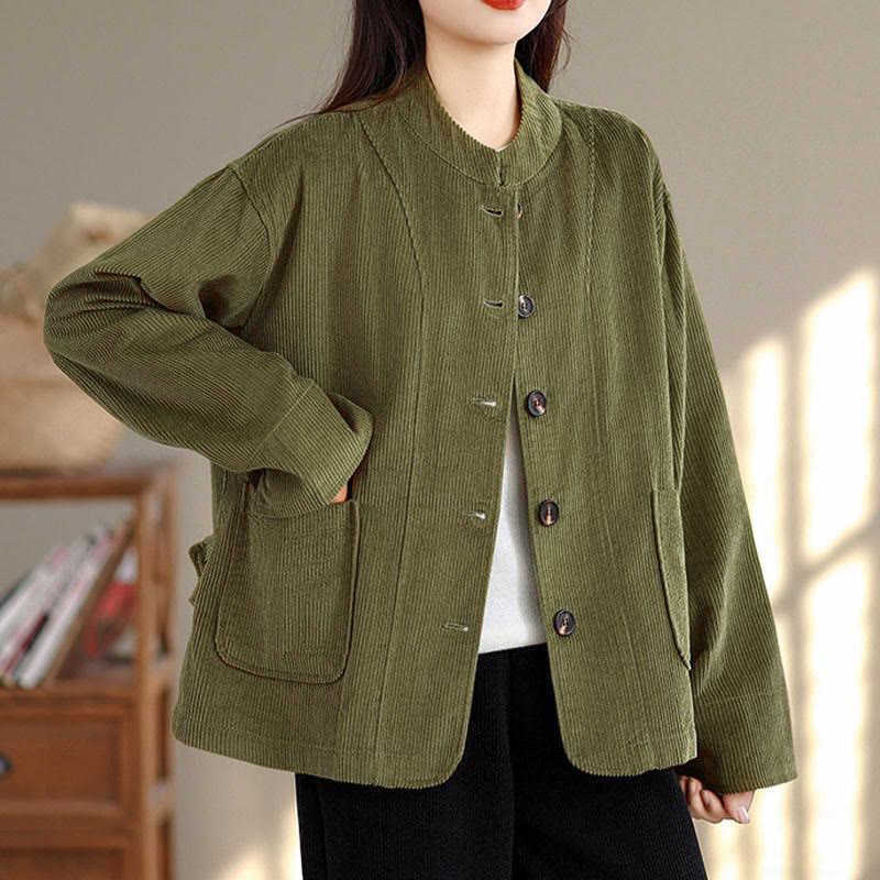 Nimara Ritual Buttons Design Corduroy Long Sleeve Women's Jacket With Pockets