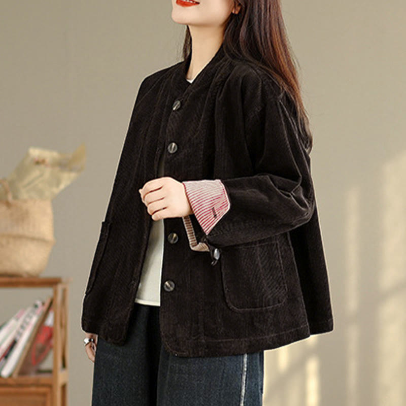Nimara Ritual Buttons Design Corduroy Long Sleeve Women's Jacket With Pockets