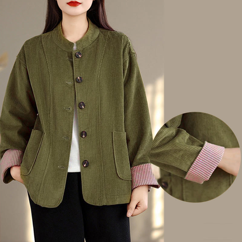 Nimara Ritual Buttons Design Corduroy Long Sleeve Women's Jacket With Pockets