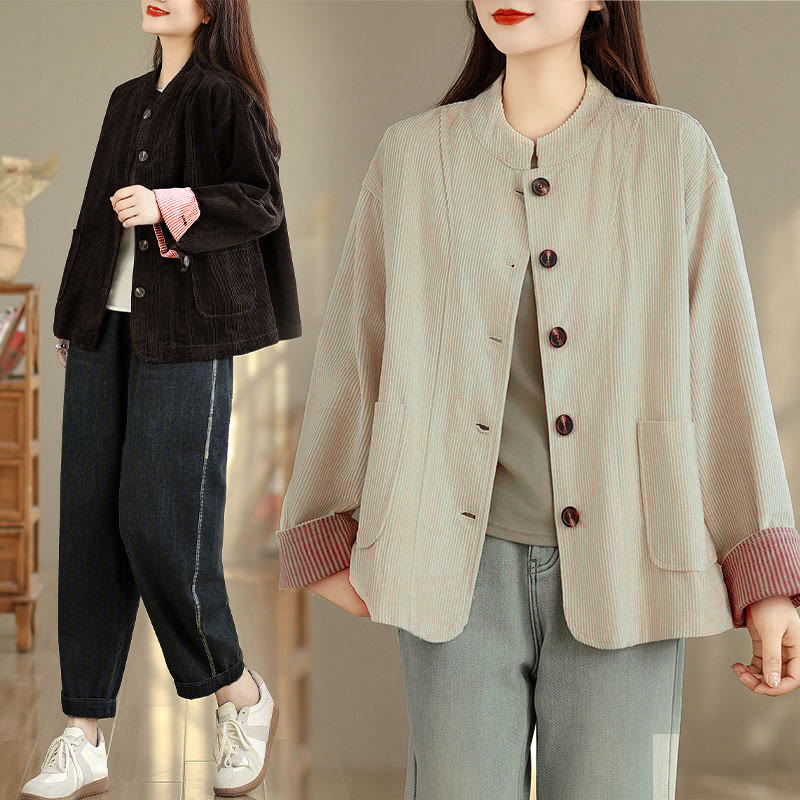 Nimara Ritual Buttons Design Corduroy Long Sleeve Women's Jacket With Pockets