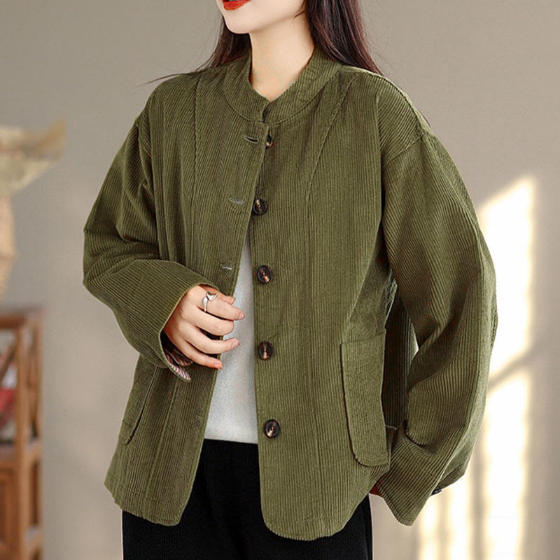 Nimara Ritual Buttons Design Corduroy Long Sleeve Women's Jacket With Pockets