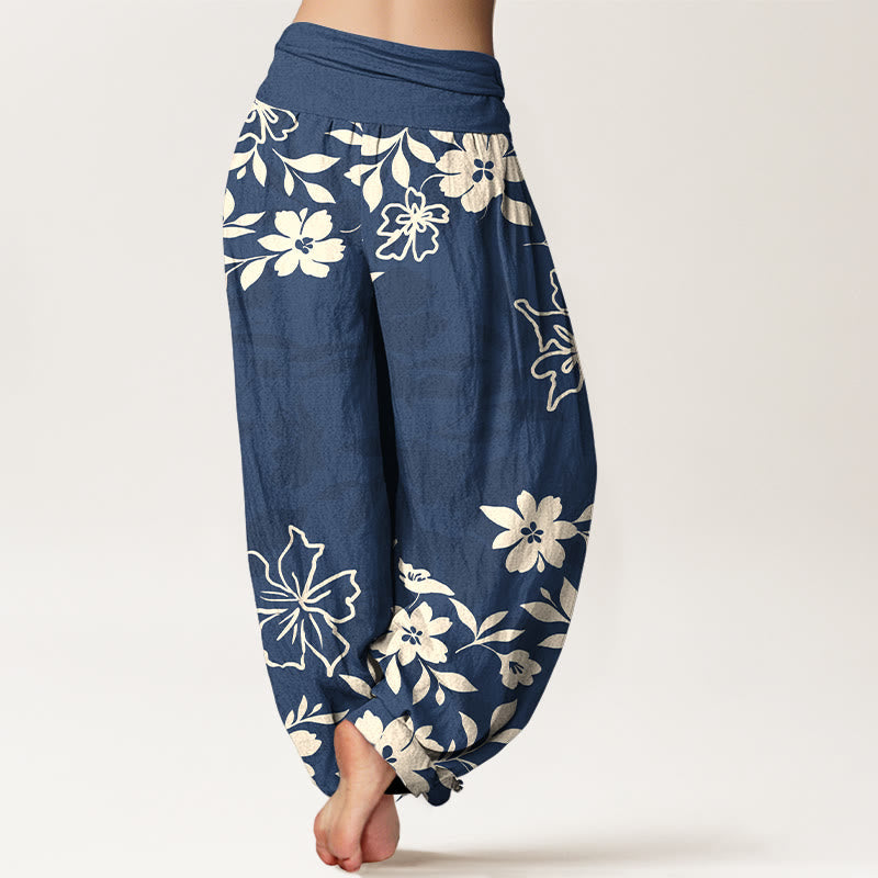 Nimara Ritual Cotton Retro Simple Flowers Leaves Pattern Women's Elastic Waist Harem Pants