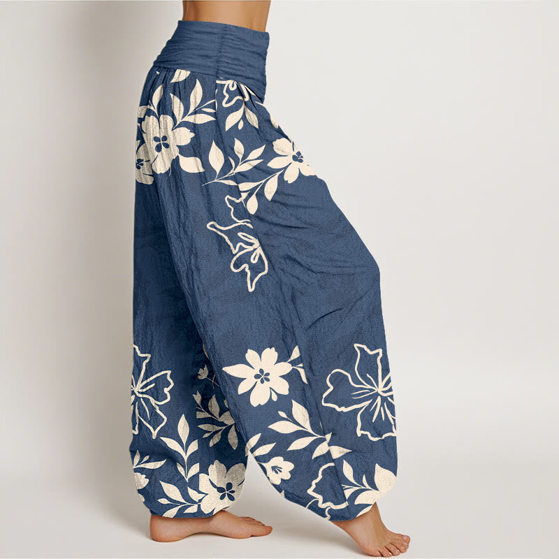 Nimara Ritual Cotton Retro Simple Flowers Leaves Pattern Women's Elastic Waist Harem Pants