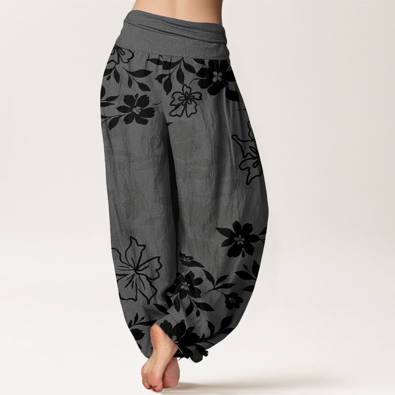 Nimara Ritual Cotton Retro Simple Flowers Leaves Pattern Women's Elastic Waist Harem Pants