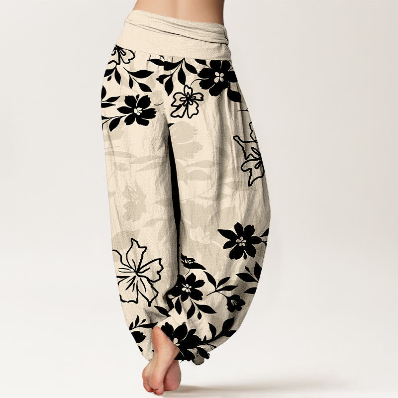 Nimara Ritual Cotton Retro Simple Flowers Leaves Pattern Women's Elastic Waist Harem Pants
