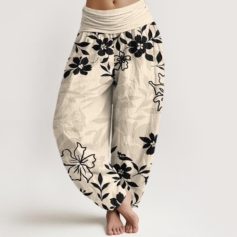 Nimara Ritual Cotton Retro Simple Flowers Leaves Pattern Women's Elastic Waist Harem Pants