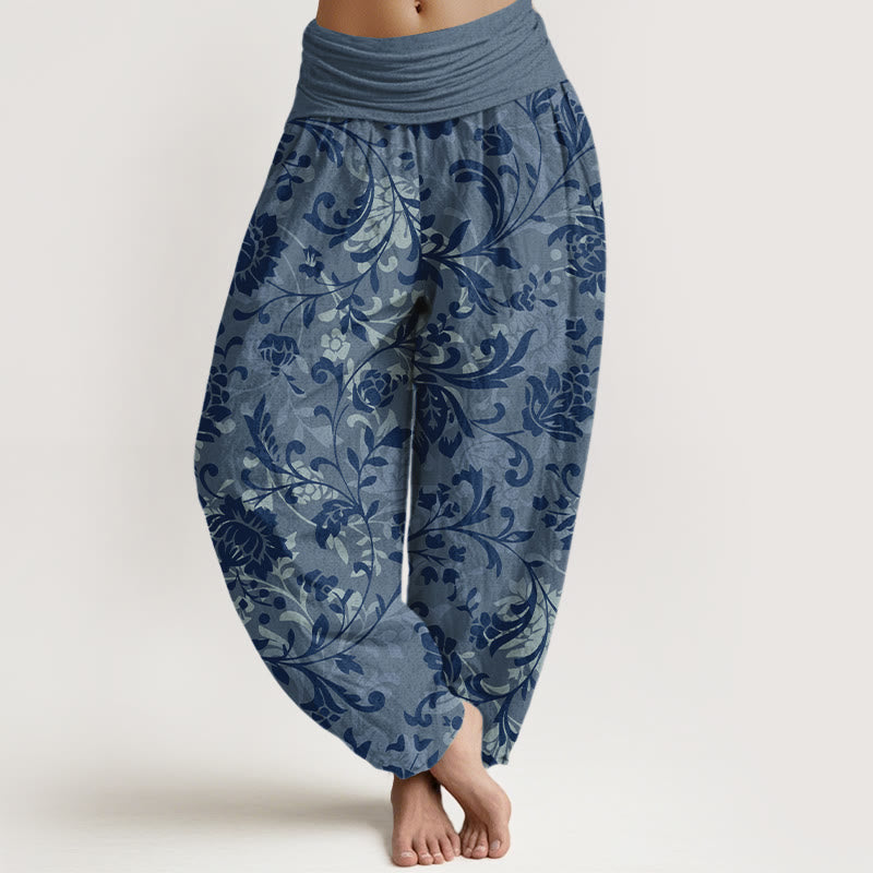 Nimara Ritual Cotton Understated Luxury Flower Vine Pattern Women's Elastic Waist Harem Pants