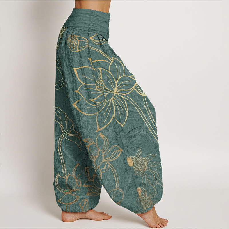 Nimara Ritual Cotton Lotus Leaf Koi Fish Women's Elastic Waist Harem Pants