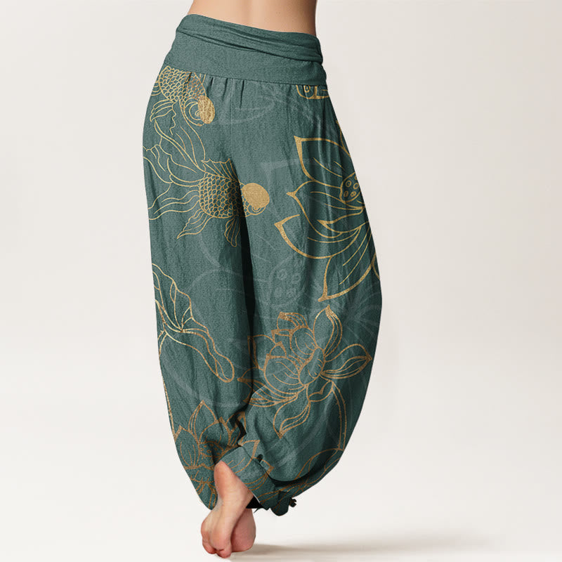 Nimara Ritual Cotton Lotus Leaf Koi Fish Women's Elastic Waist Harem Pants