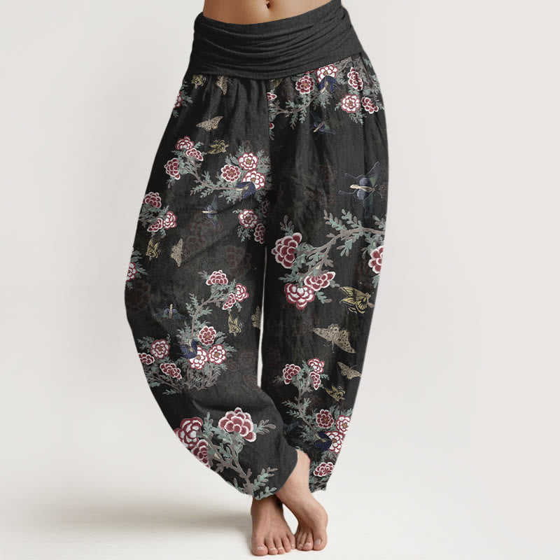 Nimara Ritual Cotton Flowers Leaves Butterfly Pattern Women's Elastic Waist Harem Pants