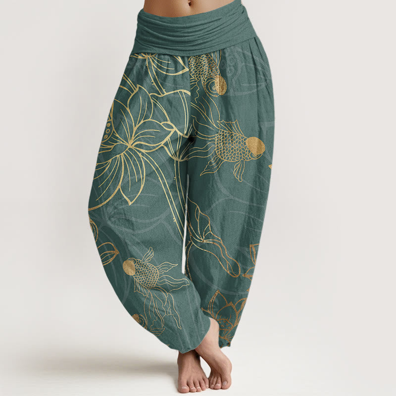 Nimara Ritual Cotton Lotus Leaf Koi Fish Women's Elastic Waist Harem Pants