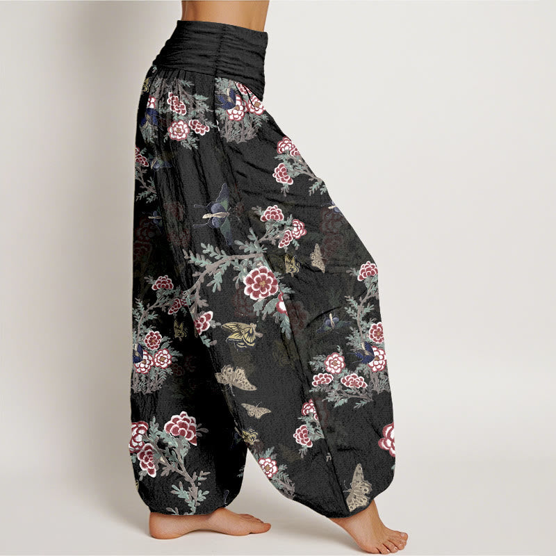 Nimara Ritual Cotton Flowers Leaves Butterfly Pattern Women's Elastic Waist Harem Pants