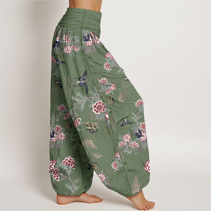 Nimara Ritual Cotton Flowers Leaves Butterfly Pattern Women's Elastic Waist Harem Pants