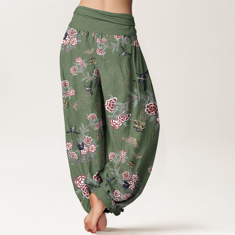 Nimara Ritual Cotton Flowers Leaves Butterfly Pattern Women's Elastic Waist Harem Pants