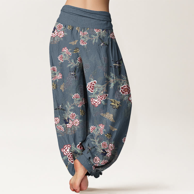 Nimara Ritual Cotton Flowers Leaves Butterfly Pattern Women's Elastic Waist Harem Pants