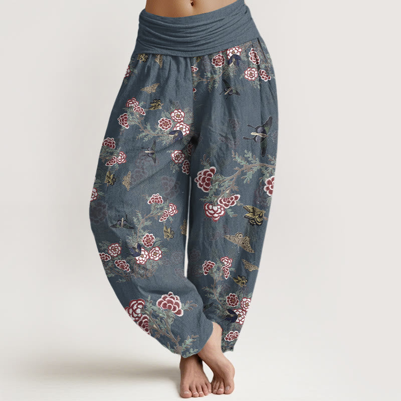 Nimara Ritual Cotton Flowers Leaves Butterfly Pattern Women's Elastic Waist Harem Pants
