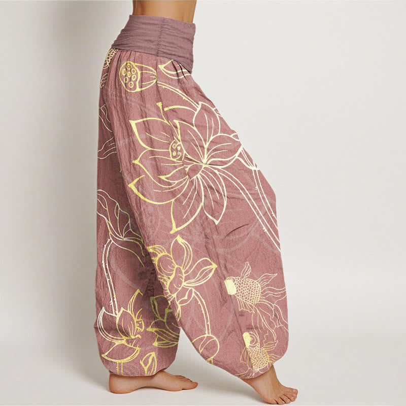 Nimara Ritual Cotton Lotus Leaf Koi Fish Women's Elastic Waist Harem Pants