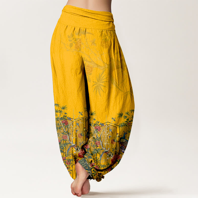 Nimara Ritual Cotton Gorgeous Peacock Flower Pattern Women's Elastic Waist Harem Pants