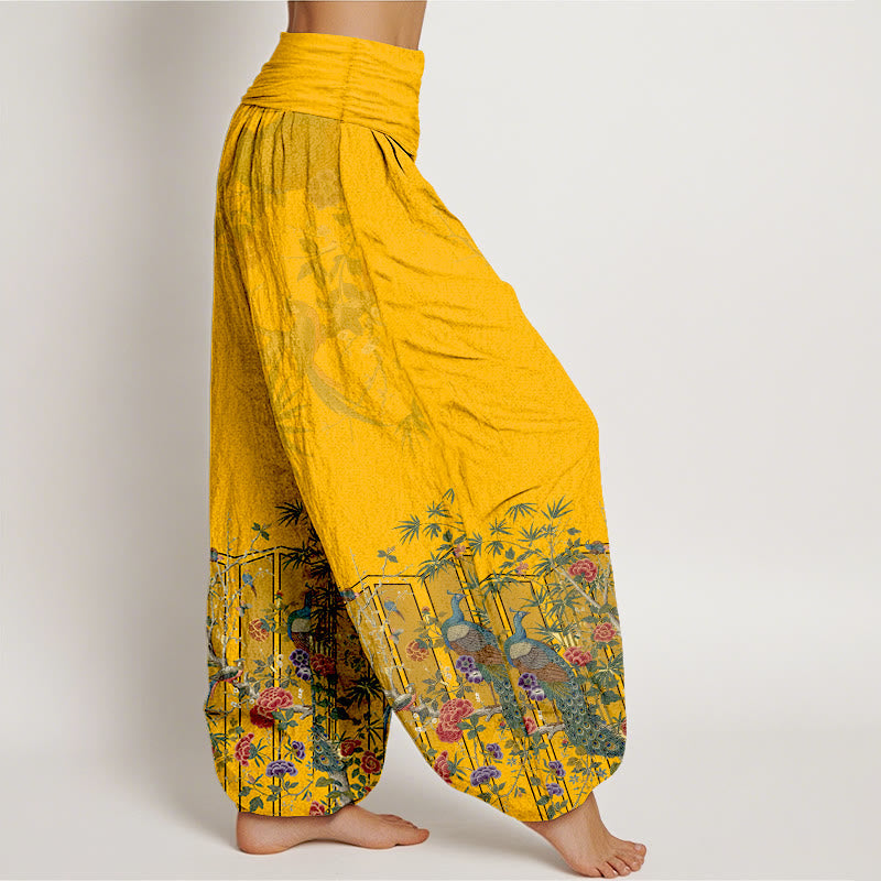 Nimara Ritual Cotton Gorgeous Peacock Flower Pattern Women's Elastic Waist Harem Pants