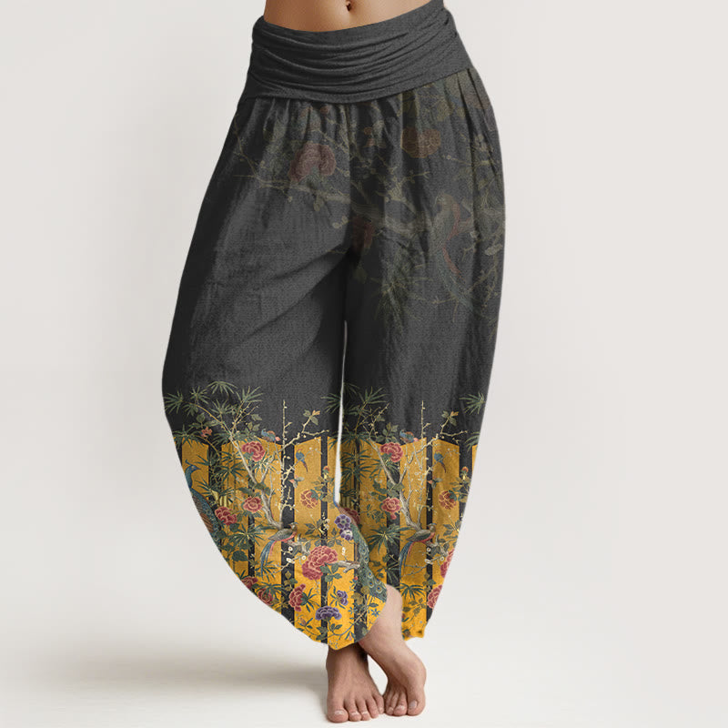 Nimara Ritual Cotton Gorgeous Peacock Flower Pattern Women's Elastic Waist Harem Pants