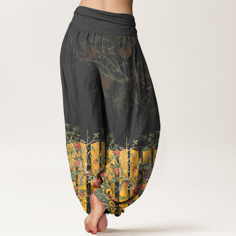 Nimara Ritual Cotton Gorgeous Peacock Flower Pattern Women's Elastic Waist Harem Pants