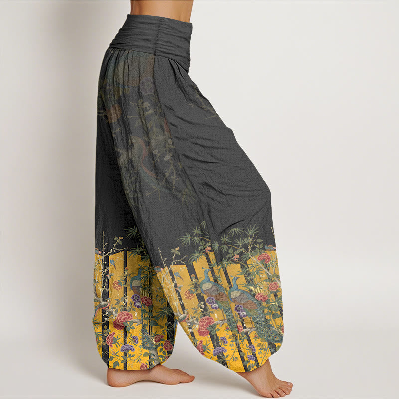 Nimara Ritual Cotton Gorgeous Peacock Flower Pattern Women's Elastic Waist Harem Pants