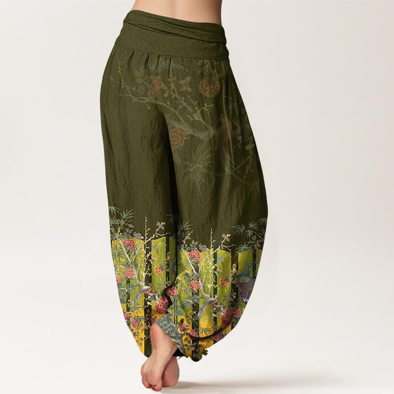 Nimara Ritual Cotton Gorgeous Peacock Flower Pattern Women's Elastic Waist Harem Pants