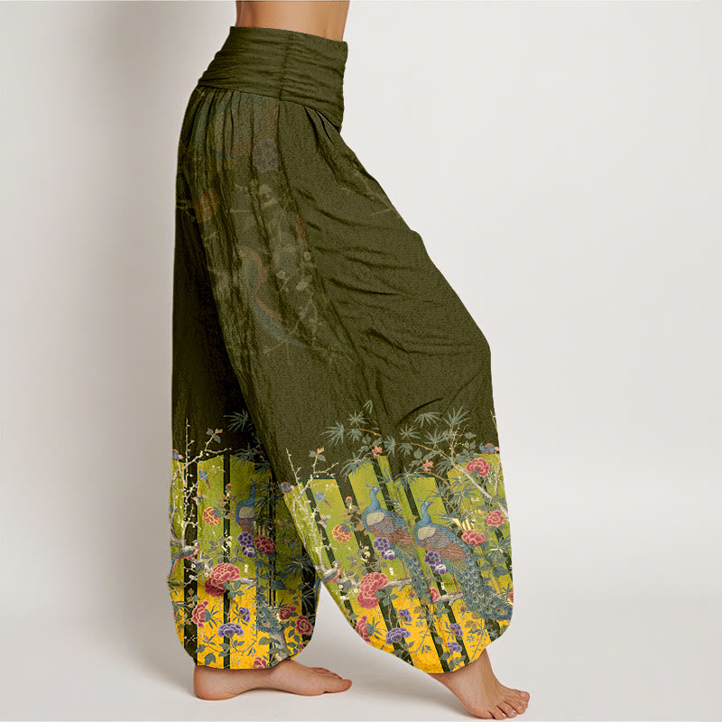 Nimara Ritual Cotton Gorgeous Peacock Flower Pattern Women's Elastic Waist Harem Pants