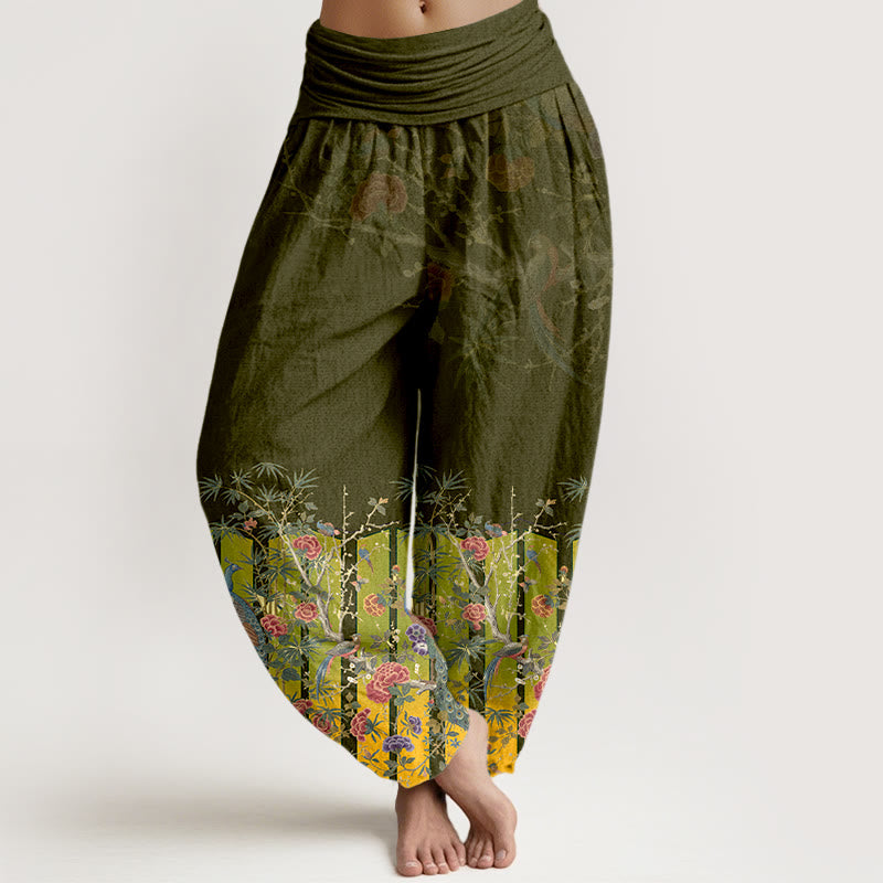 Nimara Ritual Cotton Gorgeous Peacock Flower Pattern Women's Elastic Waist Harem Pants
