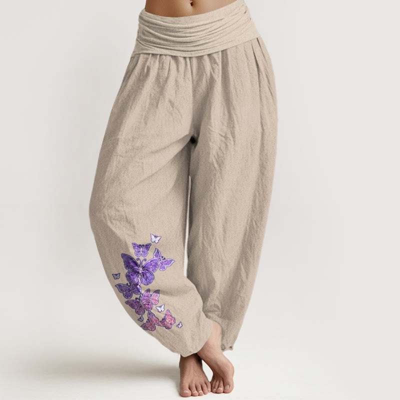 Nimara Ritual Pure Cotton Pastel Butterfly Pattern Women's Elastic Waist Harem Pants