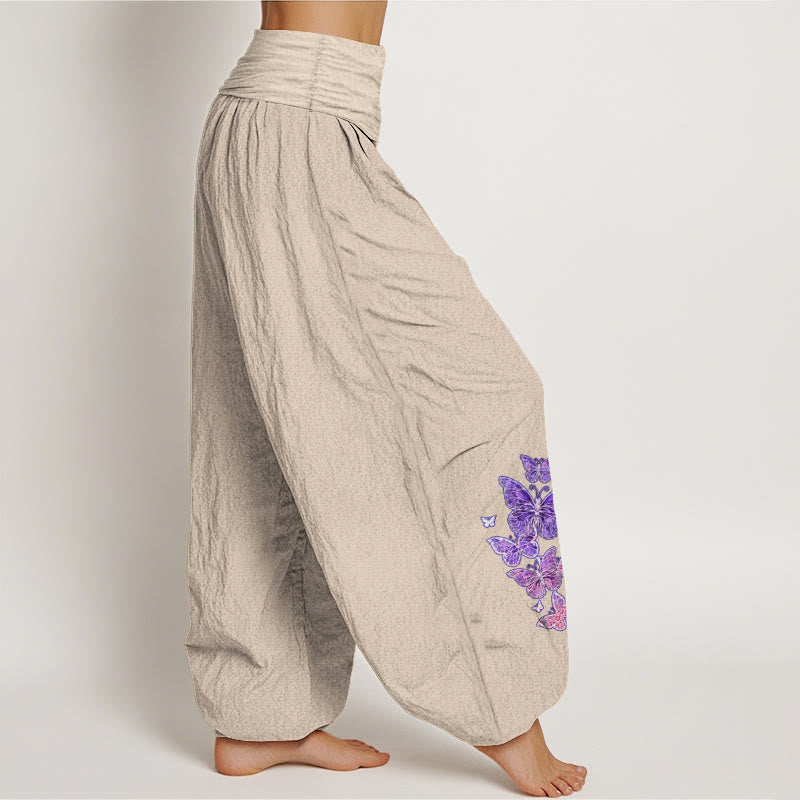 Nimara Ritual Pure Cotton Pastel Butterfly Pattern Women's Elastic Waist Harem Pants