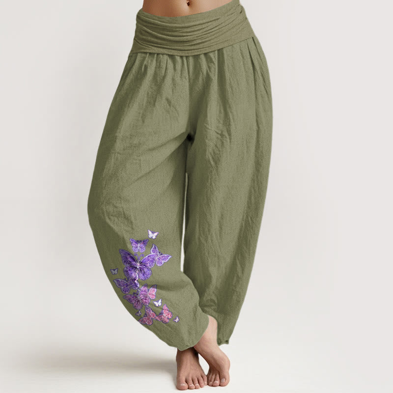 Nimara Ritual Pure Cotton Pastel Butterfly Pattern Women's Elastic Waist Harem Pants