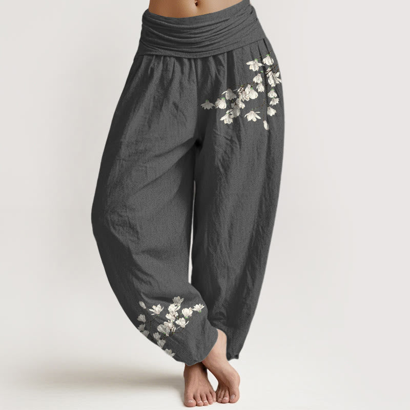 Nimara Ritual Pure Cotton Simple Magnolia Flower Pattern Women's Elastic Waist Harem Pants