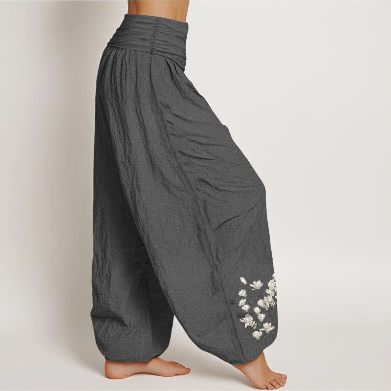 Nimara Ritual Pure Cotton Simple Magnolia Flower Pattern Women's Elastic Waist Harem Pants