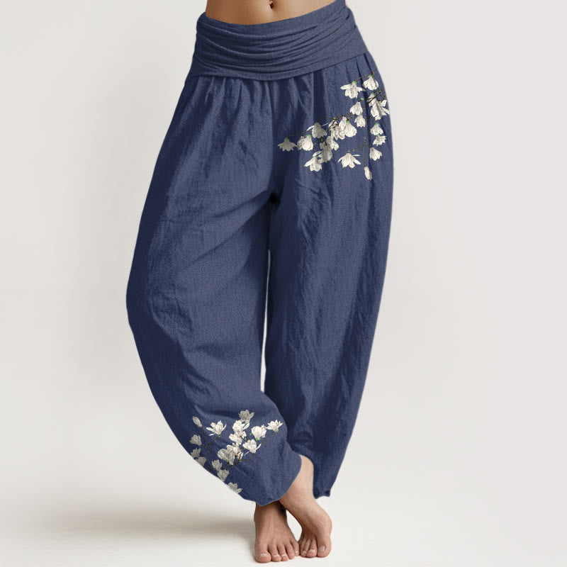 Nimara Ritual Pure Cotton Simple Magnolia Flower Pattern Women's Elastic Waist Harem Pants
