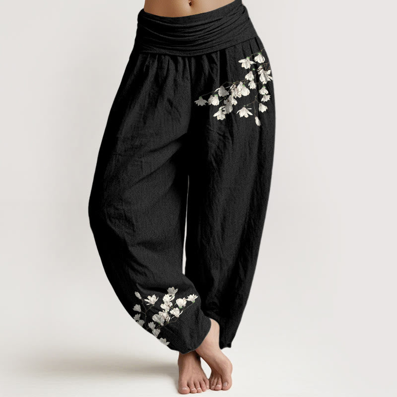 Nimara Ritual Pure Cotton Simple Magnolia Flower Pattern Women's Elastic Waist Harem Pants