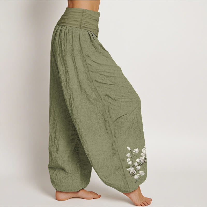 Nimara Ritual Pure Cotton Simple Magnolia Flower Pattern Women's Elastic Waist Harem Pants