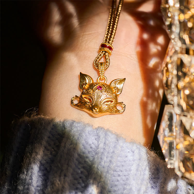 Nimara Ritual 24k Gold Plated Brass Fox Charm Texture Rope Necklace Pendant
