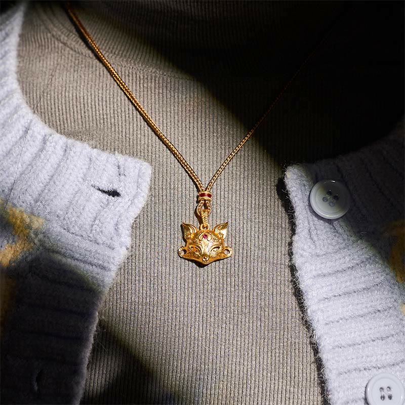 Nimara Ritual 24k Gold Plated Brass Fox Charm Texture Rope Necklace Pendant