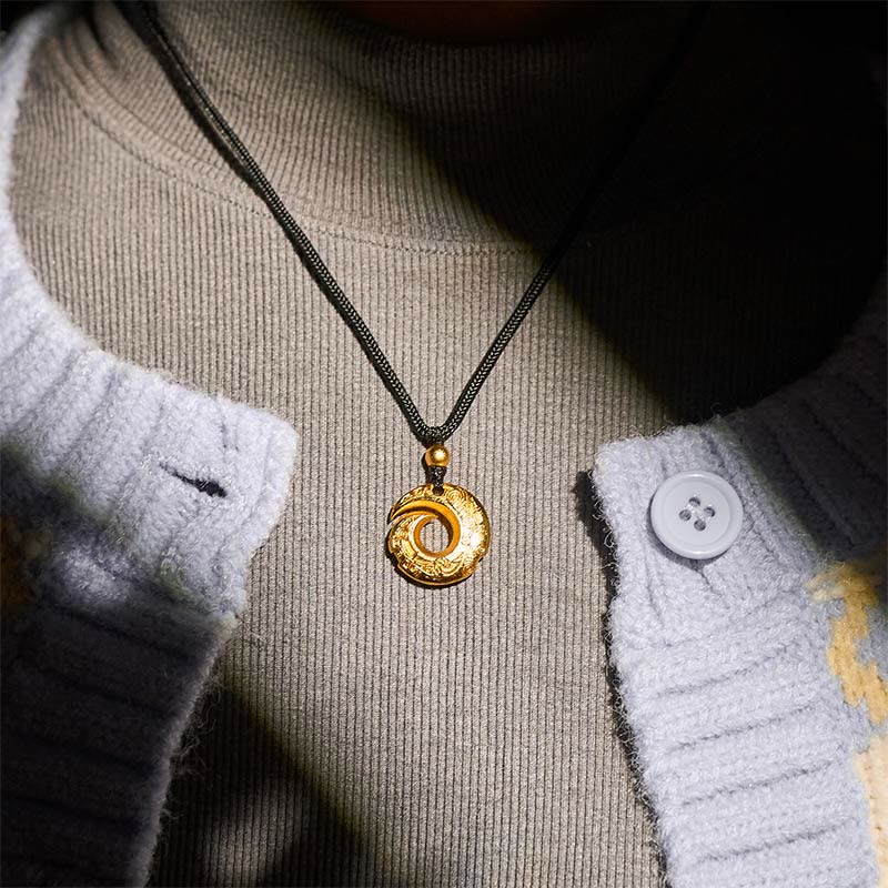 Nimara Ritual "Wishing You Good Fortune" 24k Gold Plated Brass Peace Buckle Black Rope Necklace Includes Gift Message Card