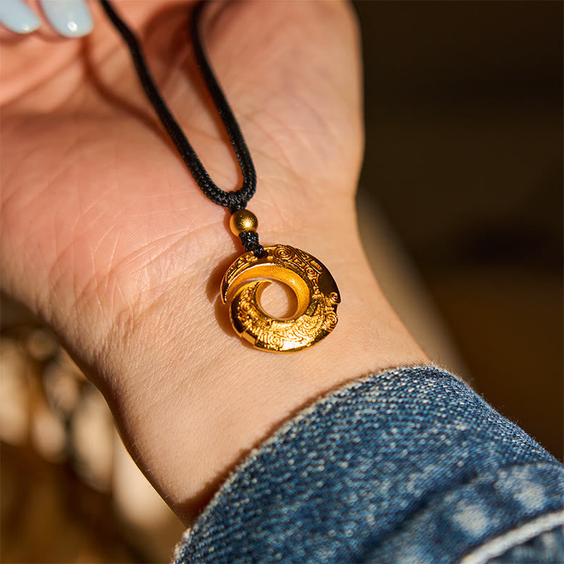Nimara Ritual "Wishing You Good Fortune" 24k Gold Plated Brass Peace Buckle Black Rope Necklace Includes Gift Message Card