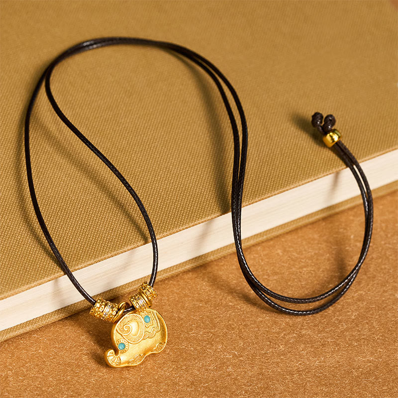 Nimara Ritual Elephant Symbol 24k Gold Plated Brass Strength Rope Necklace Pendant