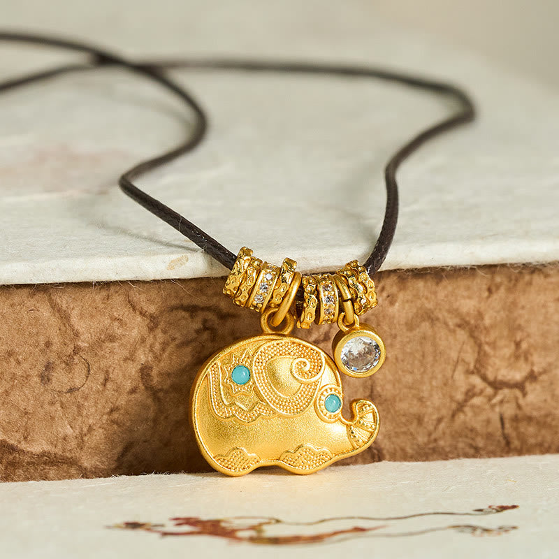 Nimara Ritual Elephant Symbol 24k Gold Plated Brass Strength Rope Necklace Pendant
