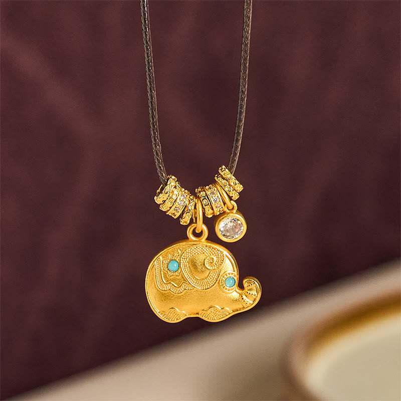 Nimara Ritual Elephant Symbol 24k Gold Plated Brass Strength Rope Necklace Pendant