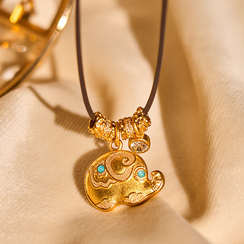 Nimara Ritual Elephant Symbol 24k Gold Plated Brass Strength Rope Necklace Pendant