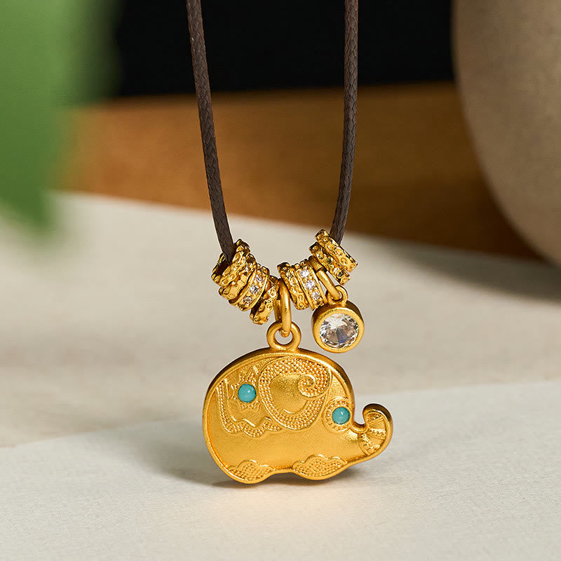 Nimara Ritual Elephant Symbol 24k Gold Plated Brass Strength Rope Necklace Pendant