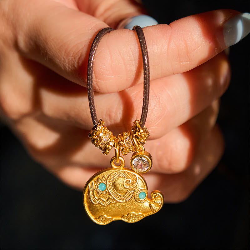 Nimara Ritual Elephant Symbol 24k Gold Plated Brass Strength Rope Necklace Pendant