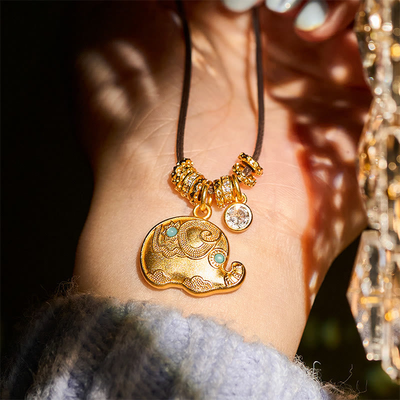 Nimara Ritual Elephant Symbol 24k Gold Plated Brass Strength Rope Necklace Pendant