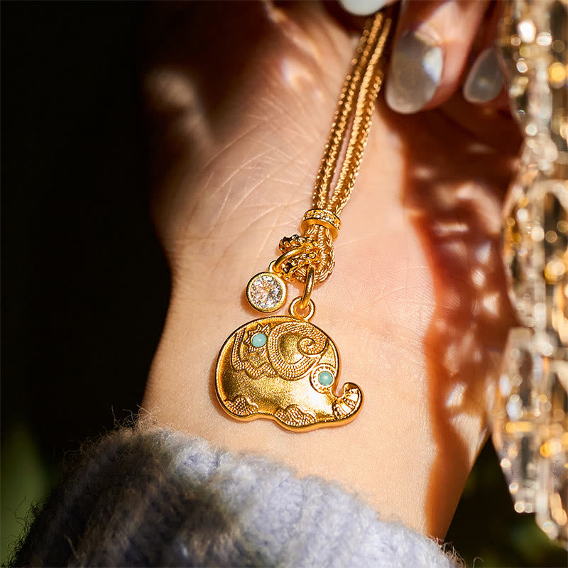 Nimara Ritual 24k Gold Plated Brass Elephant Symbol Braided Cord Strength Necklace Pendant