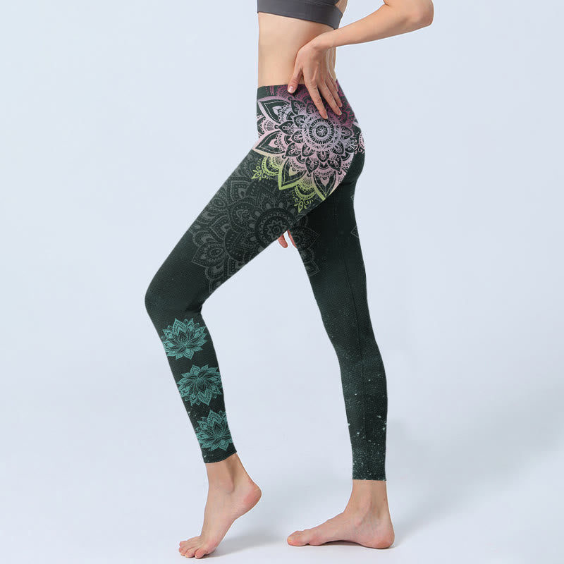 Nimara Ritual Symmetry Mandalas Lotus Flowers Pattern Print Gym Leggings Women's Yoga Pants